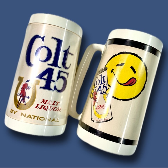 Vintage 70s NATIONAL COLT 45 Smiley Face Thermo-Serv Mugs FLAW Man Cave Decor